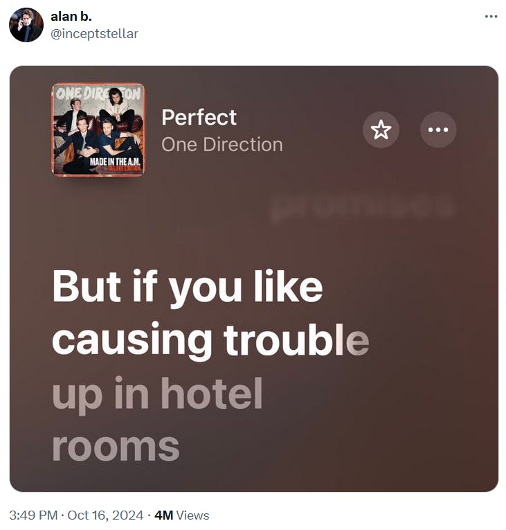 Tweet with a screenshot of One Direction lyrics about causing trouble in hotel rooms.