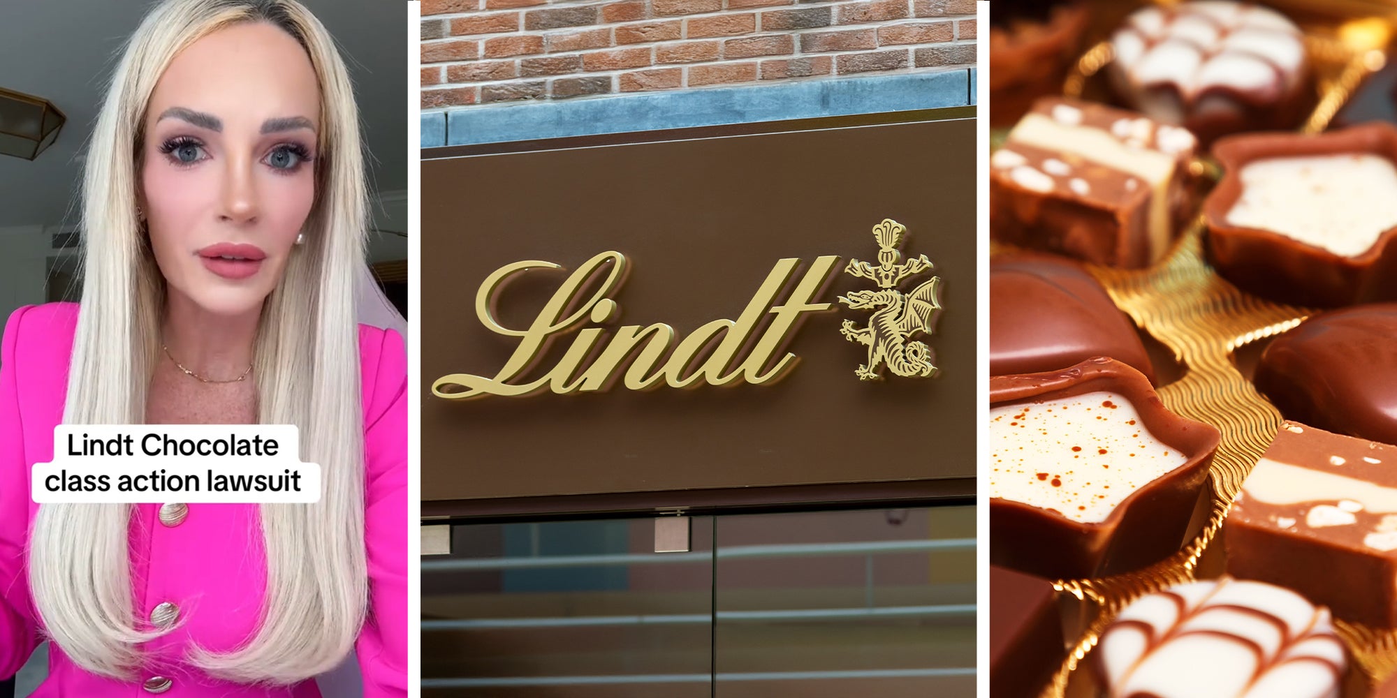 Woman wearing bright pink suit(l) Lindt Chocolate Sign(c) Lindt Chocolates(r)