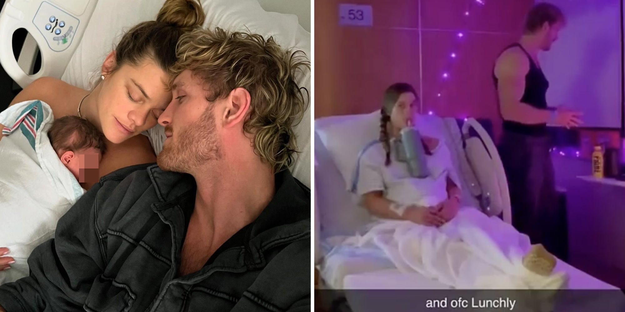 Logan Paul with wife and baby(l), Logan Paul and wife in delivery room(r)