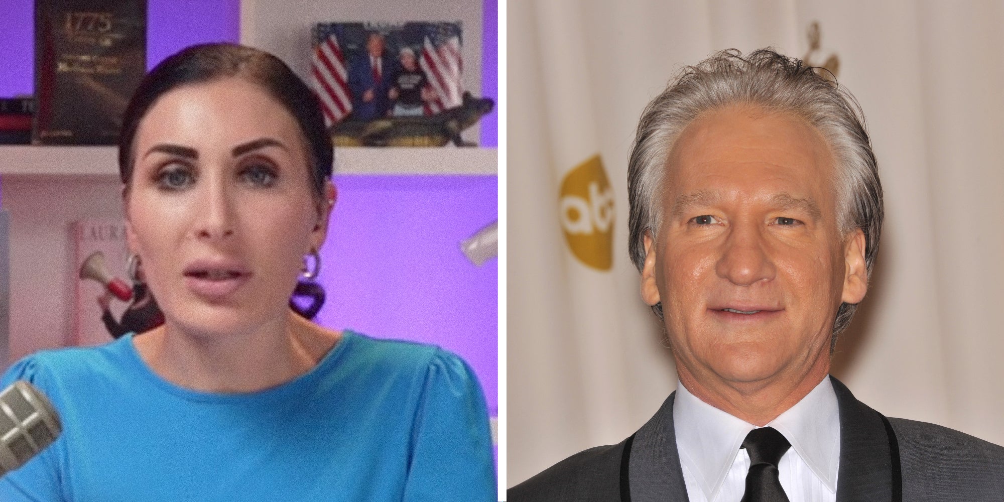 two panel image. Laura Loomer on the left and Bill Maher on the right.
