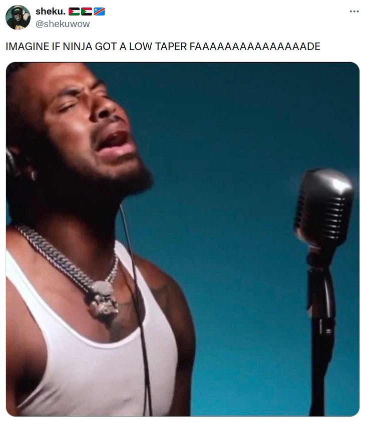 Low taper fade meme showing a musical artist singing emotionally into the mic.