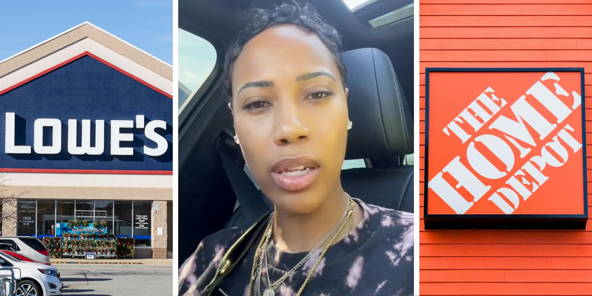 Lowe's(l), Woman talking(c), Home Depot sign(r)