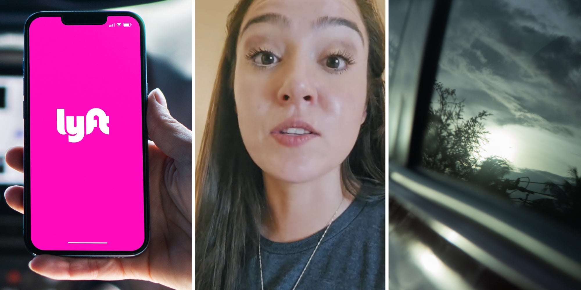 Hand holding phone with Lyft app(l), Woman talking(c), Dark window of car(r)