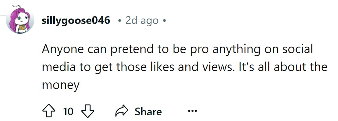 Reddit comment about Mama Tot's TikTok drama that reads, 'Anyone can pretend to be pro anything on social media to get those likes and views. It’s all about the money'