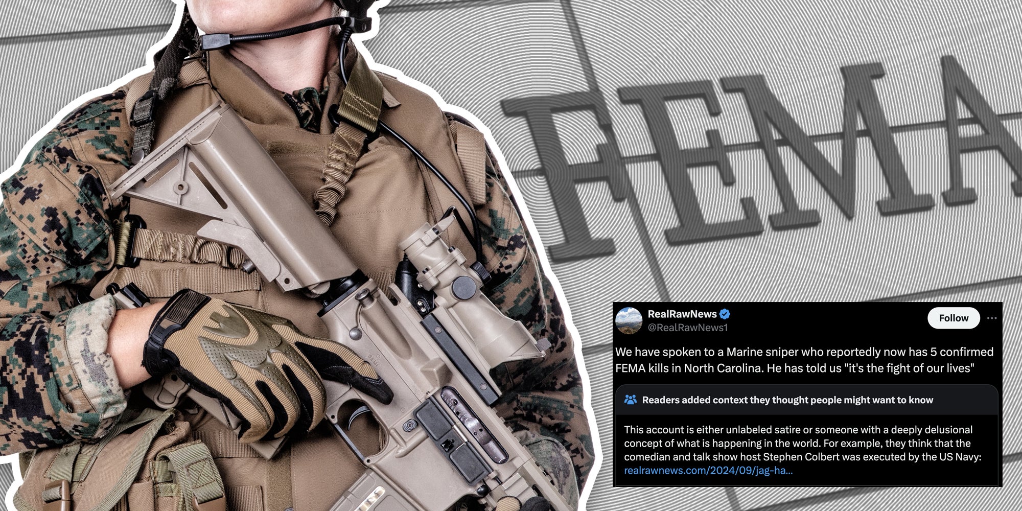 Marine over FEMA logo and conspiracy tweet