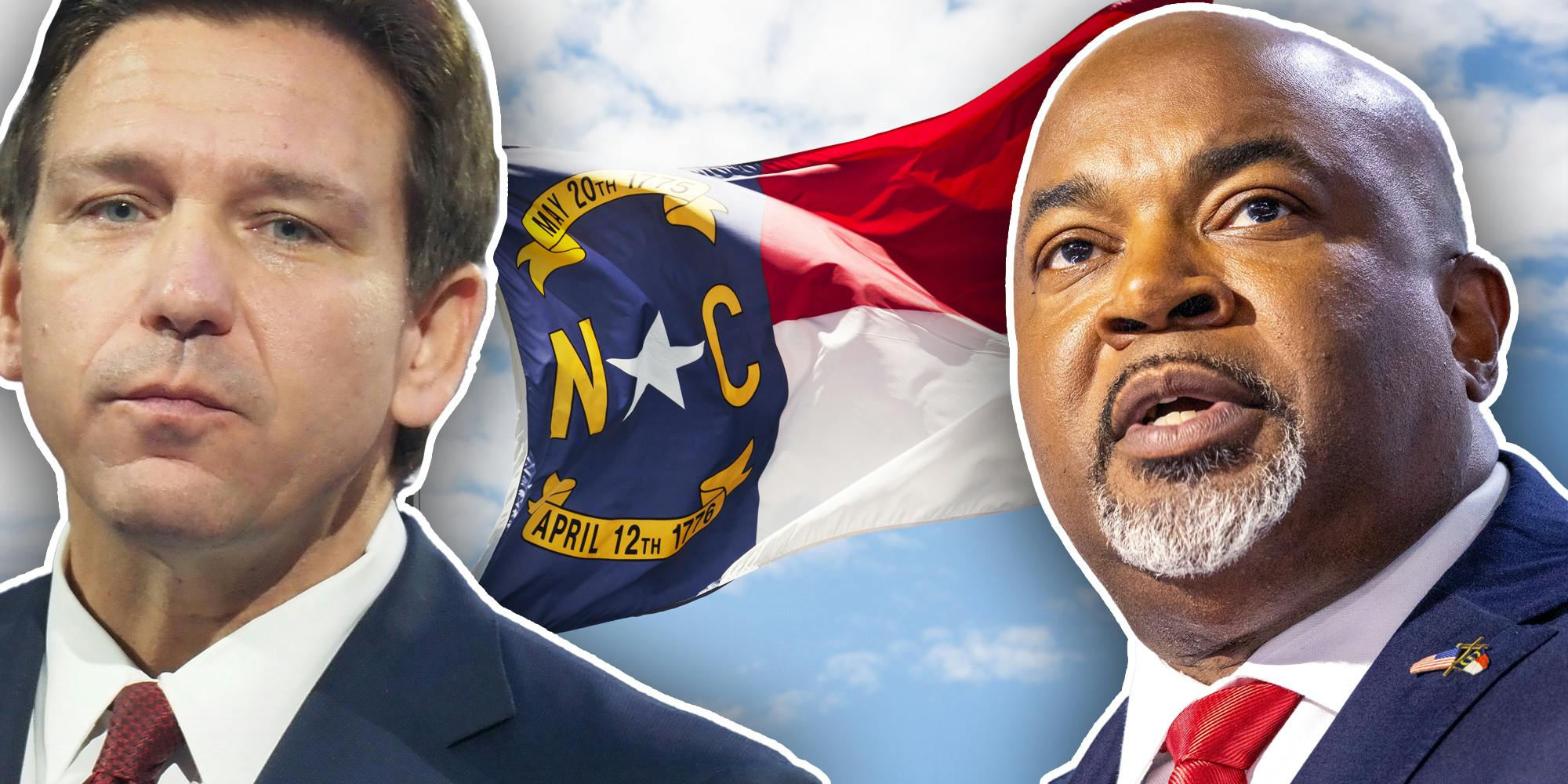 Ron DeSantis and Mark Robinson over North Carolina flag