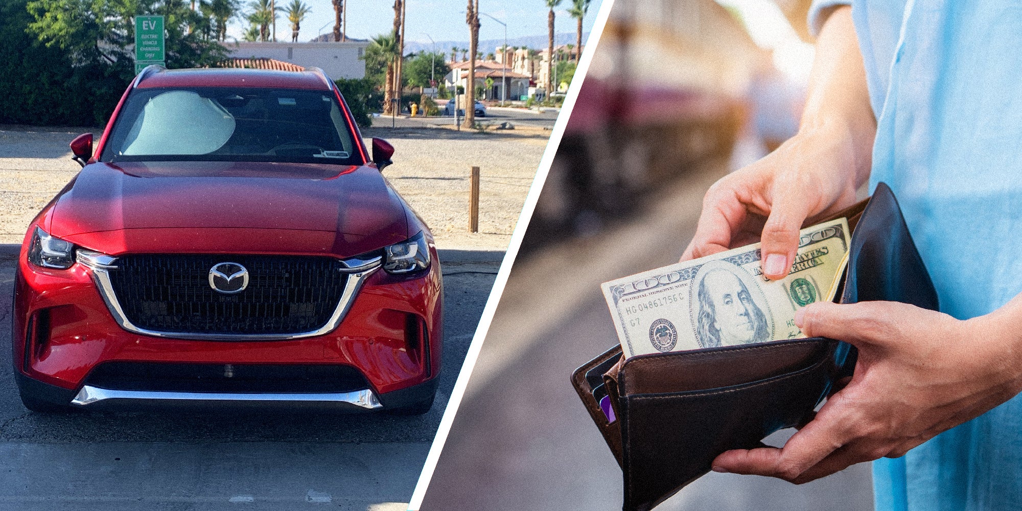 Two panel image: on the left we see a front view of a red Mazda Cx-90. On the right we see the hands of a person taking money out of a wallet.