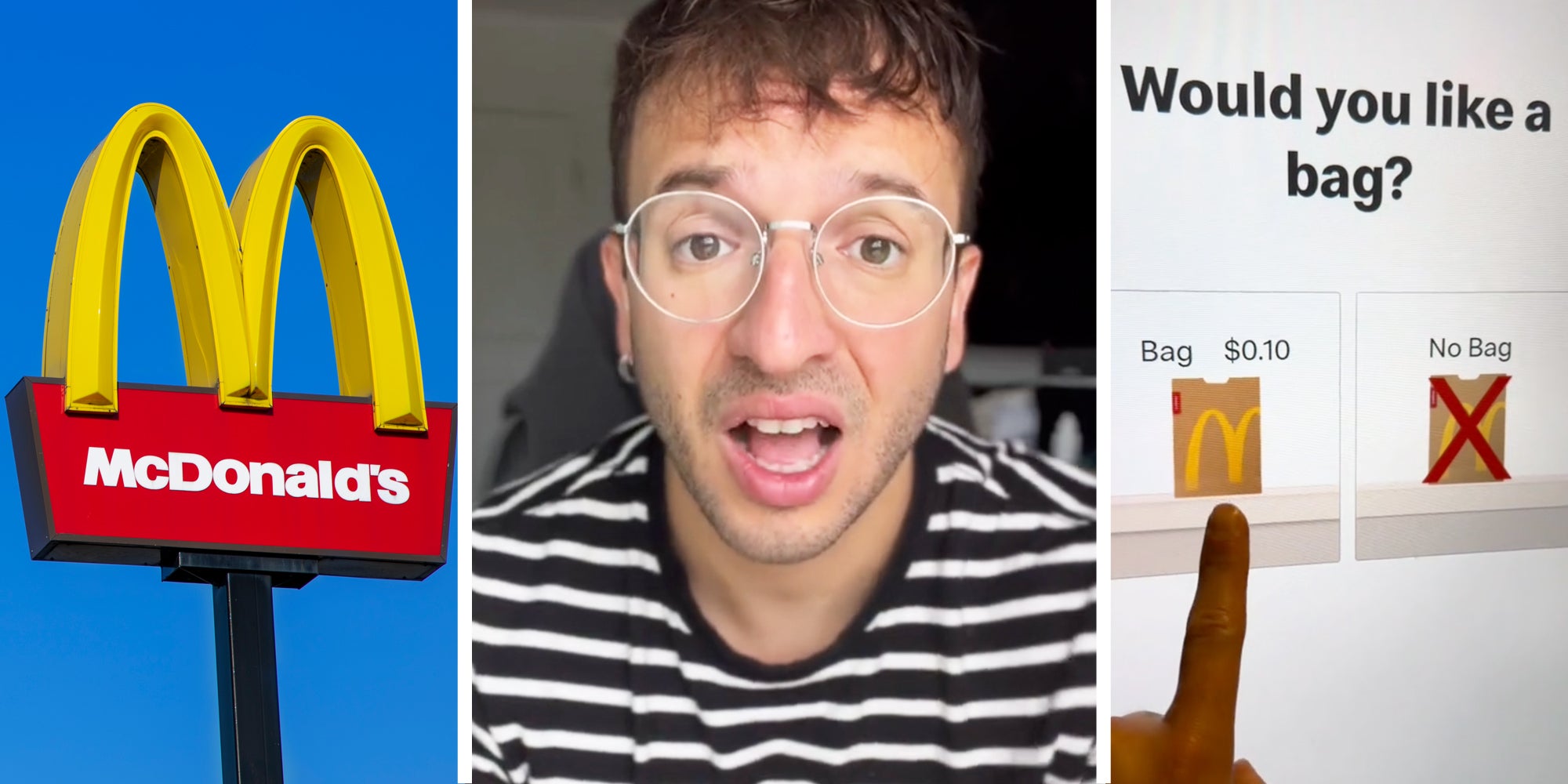 McDonald's sign(l), Man talking(c), Hand on kiosk menu(r)