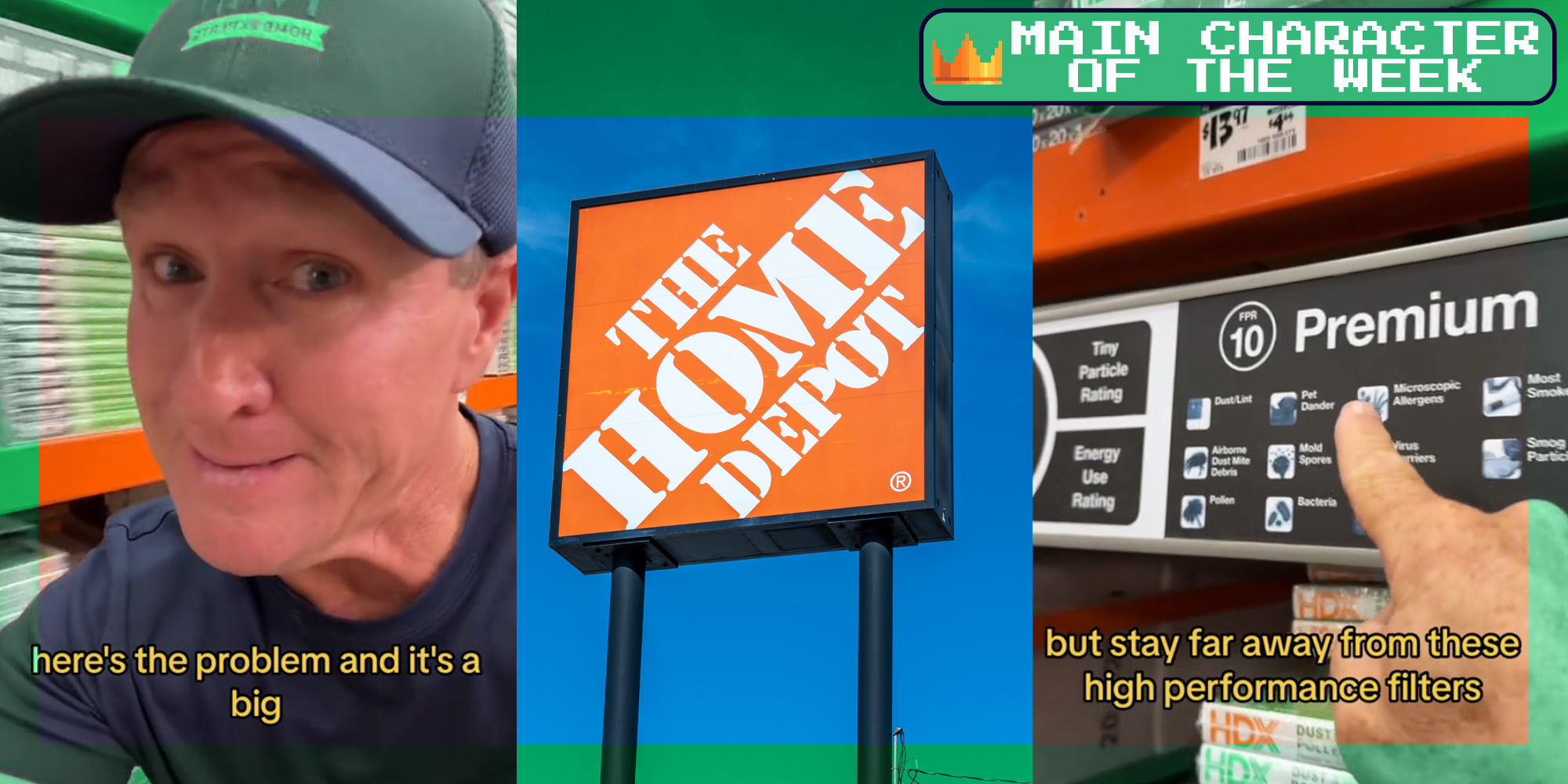 A person speaking to the camera, a home depot sign, and someone pointing to a sign that says premium. There is text in the top right corner that says Main Character of the Week in a Daily Dot newsletter web_crawlr font.
