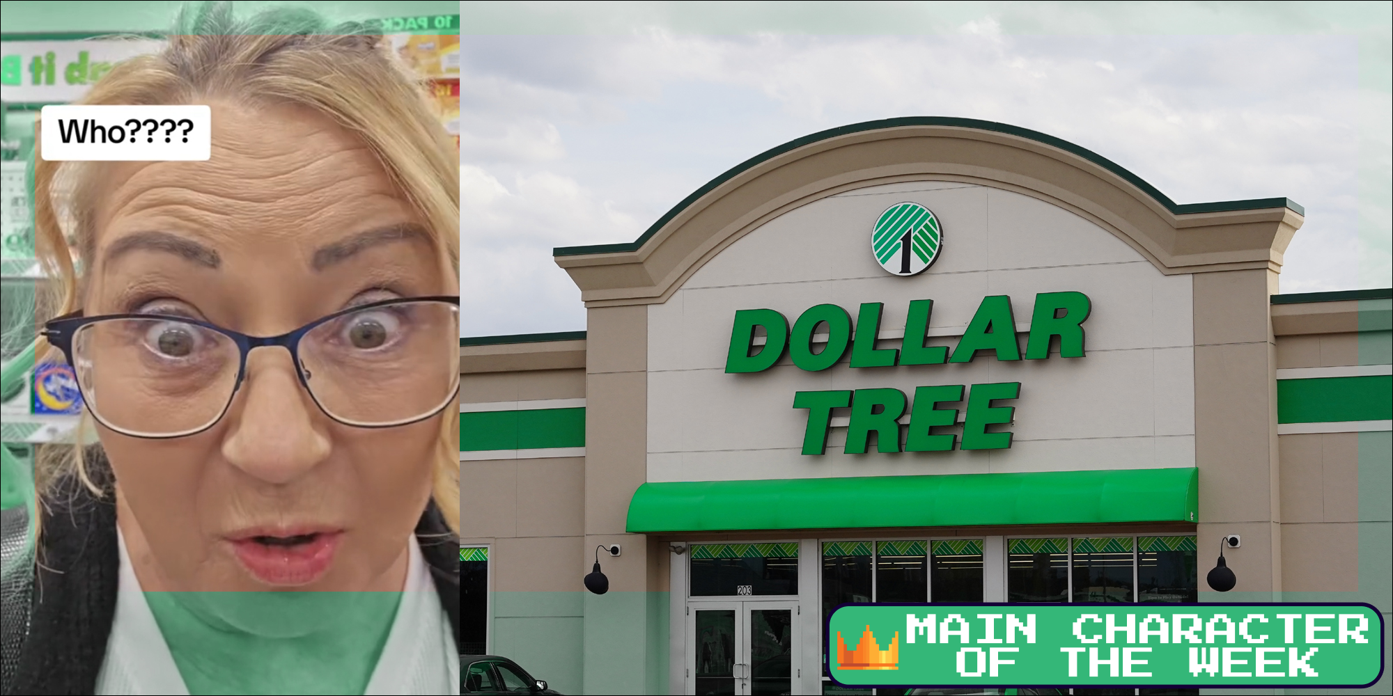 A woman speaking to the camera next to a Dollar Tree location. There is text in the bottom right corner that says Main Character of the Week in a Daily Dot newsletter web_crawlr font.