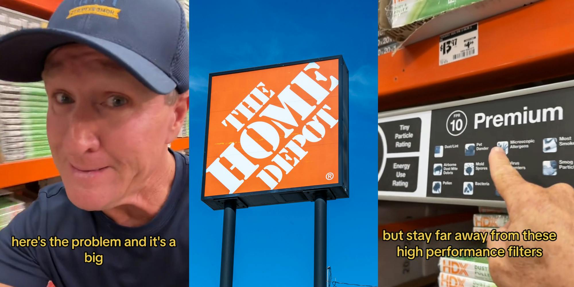 A person speaking to the camera, a home depot sign, and someone pointing to a sign that says premium. There is text in the top right corner that says Main Character of the Week in a Daily Dot newsletter web_crawlr font.