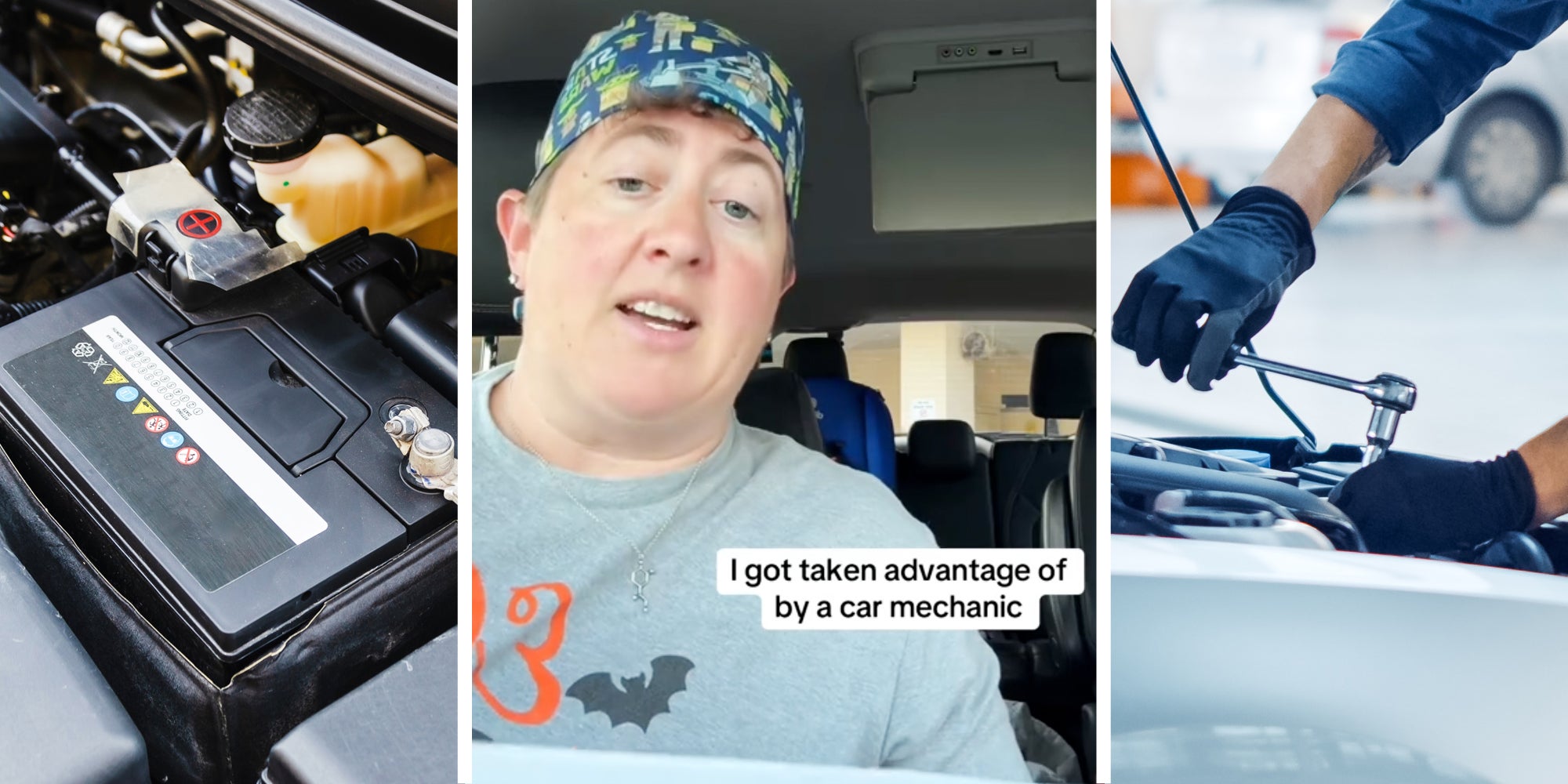 Car battery(l), Person talking with text that says 'i got taken advantage of by a car mechanic'(c), Mechanic working under hood(r)