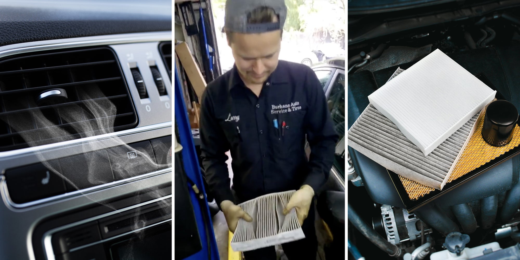 Air Vents in car(l), Mechanic with air filter(c), Clean air filter(r)