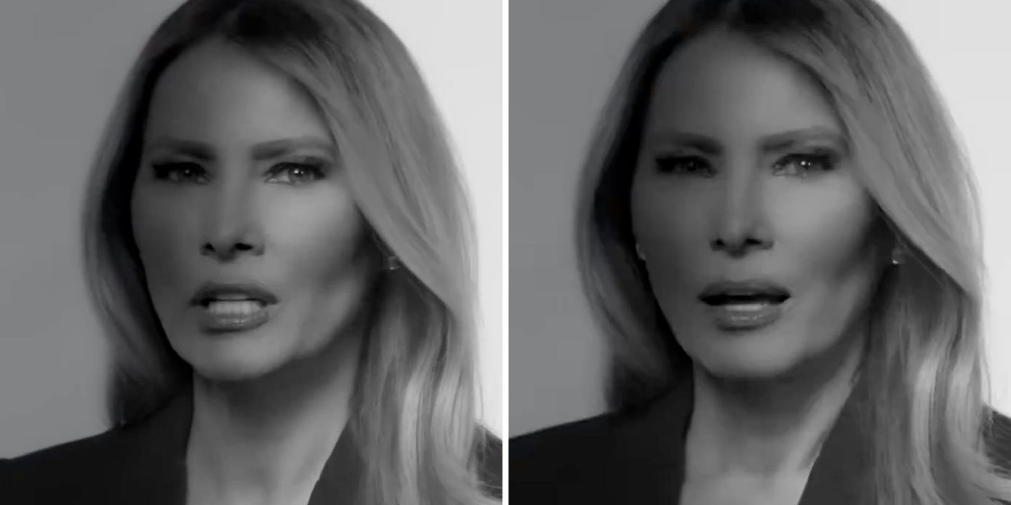 Melania Trump talking in black and white video(two split)
