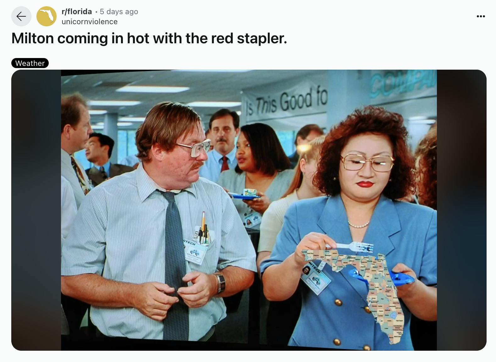 Milton's Reddit post of Office Space staring at a colleague whose cake plate is covered with a cutout of a Florida map. The text reads, 