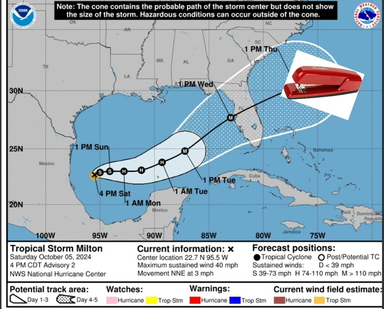 Radar of Hurricane Milton with a red stapler overlayed.