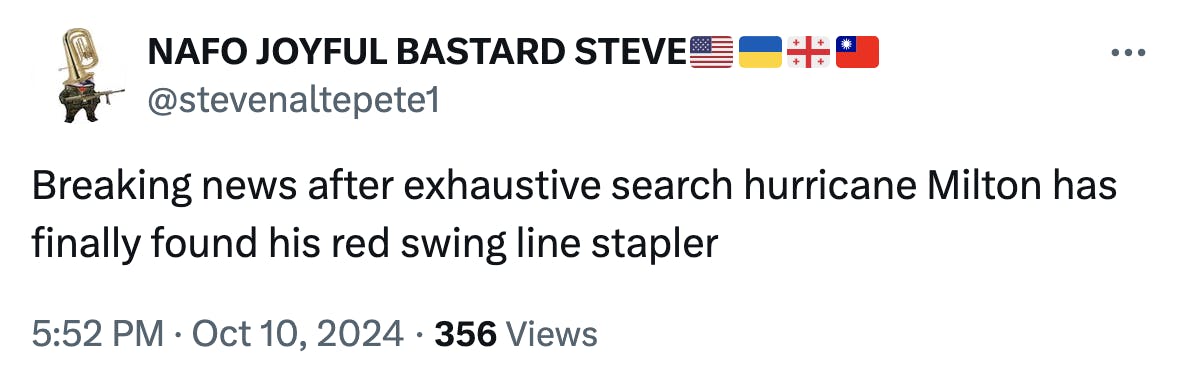 Tweet that reads, 'Breaking news after exhaustive search hurricane Milton has finally found his red swing line stapler'