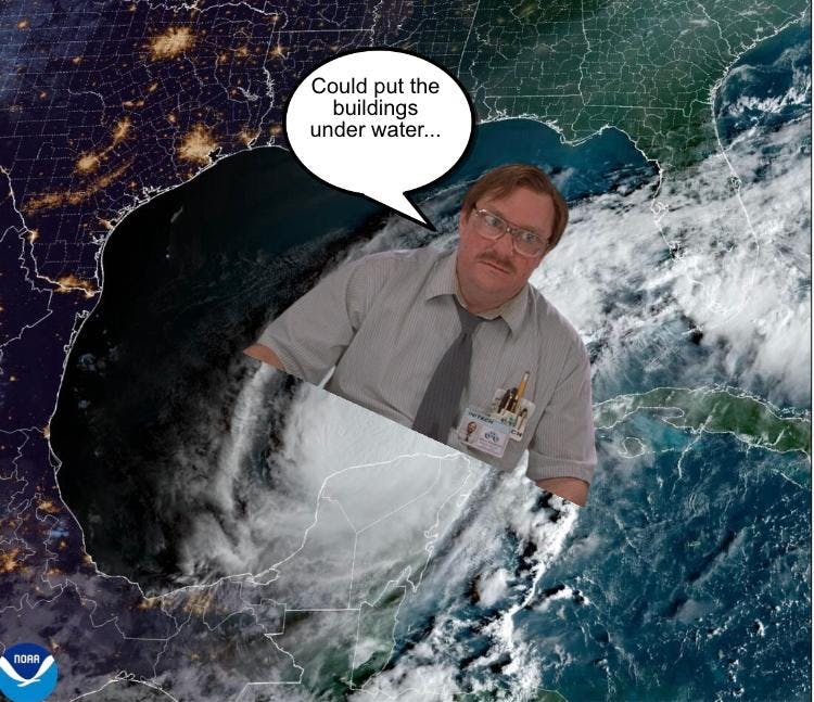 Radar of Hurricane Milton with Milton from Office Space overlaid. Speech bubble reads, 'Could put the buildings under water...'