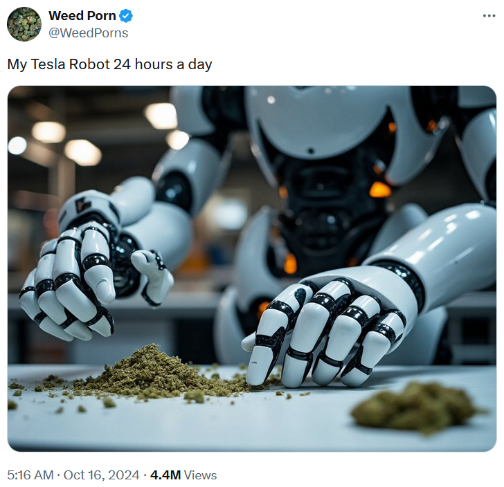 My Tesla Robot meme with an image of a bot sorting cannabis.