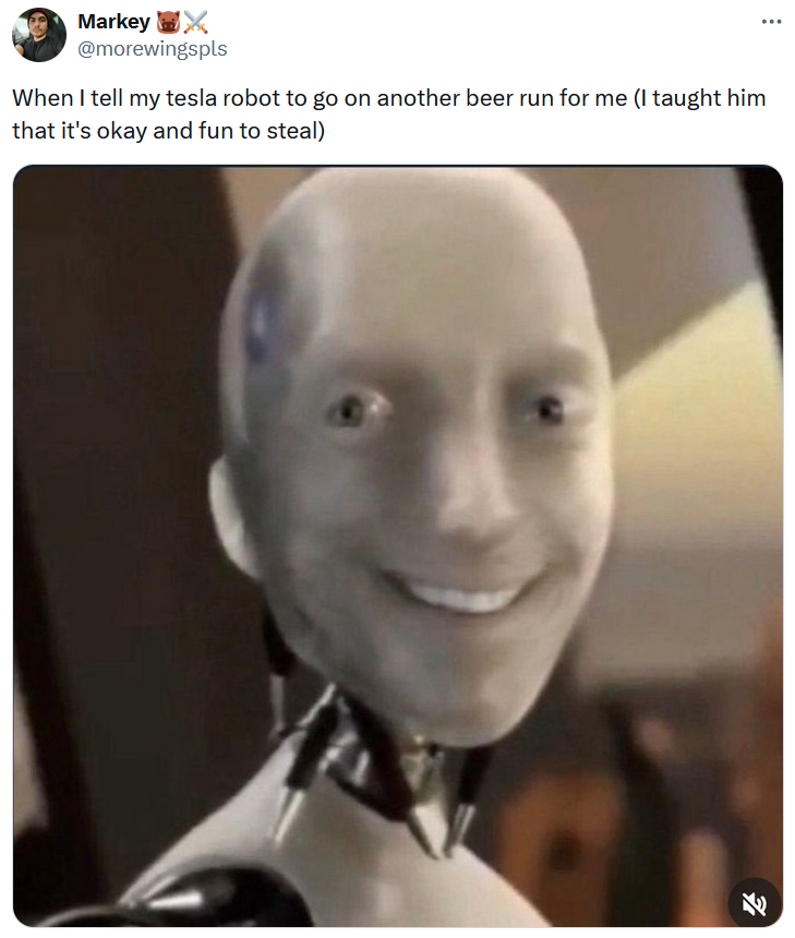 My Tesla Robot meme about making the bot go on a beer run, but it's smiling.