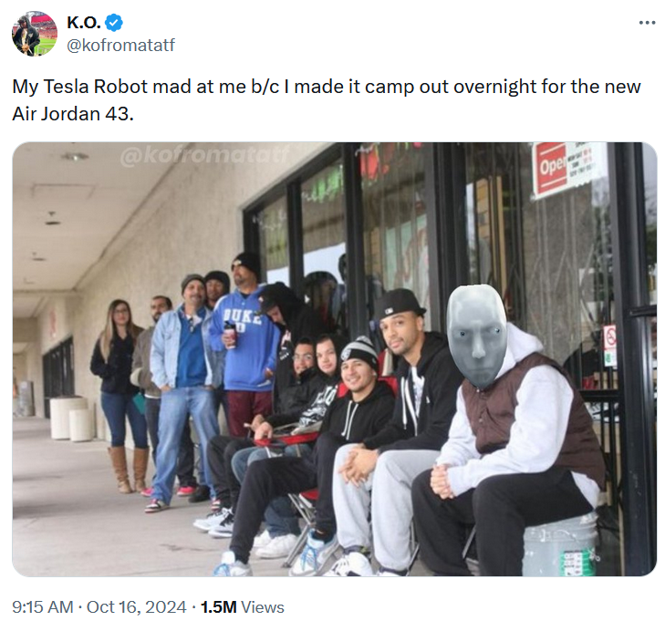 Tweet with a photo of people lined up outside of a store with one Photoshopped to look like a bot.