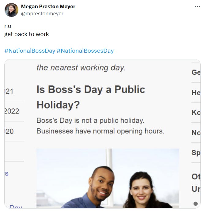 National Boss Day meme explaining that it's not a public holiday.