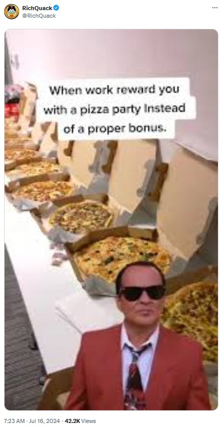 Pizza party meme featuring a man in sunglasses and a suit.