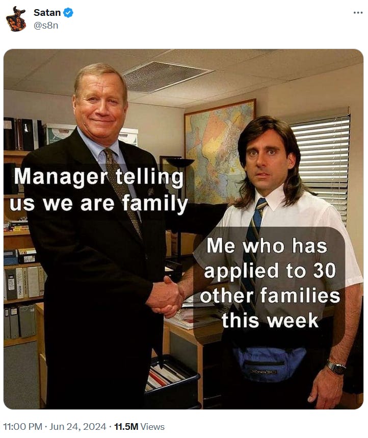 Young Michael Scott meme about work being 'a family.'