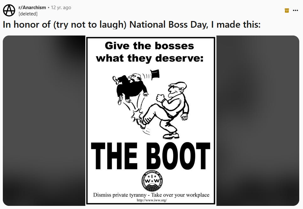 National Boss Day meme about giving bosses the boot.