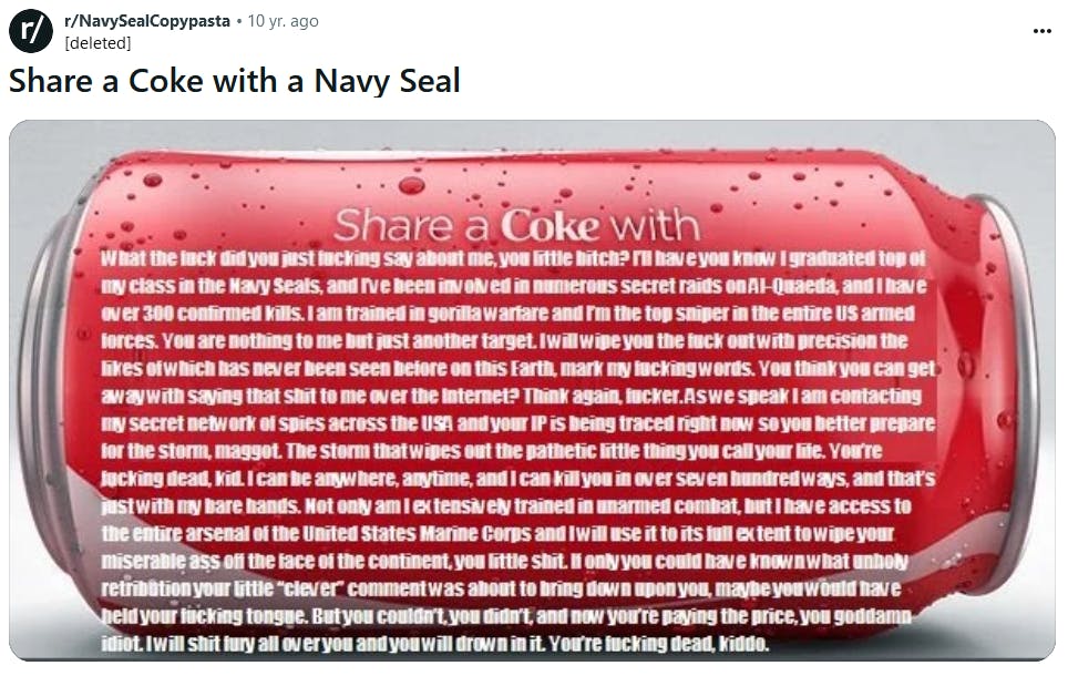 Navy seal copypasta meme on a 'share a Coke with' image.