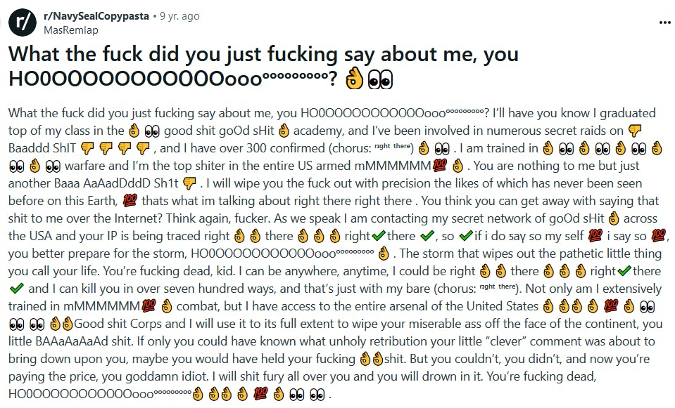 Navy seal copypasta meme in emoji speak.