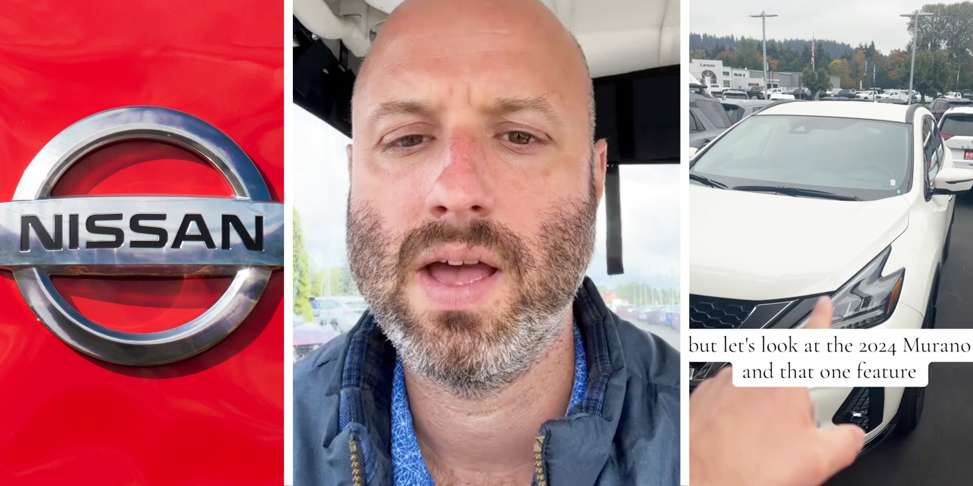 Nissan sign(l), Man talking(c), Hand pointing to car and text that says 'but let's look at the 2024 murano and that one feature'(r)