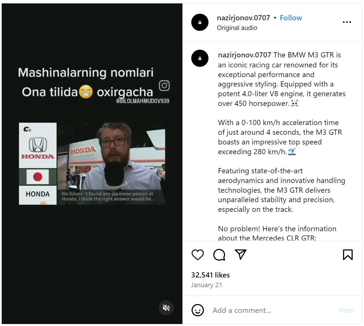 Screenshot of an Instagram Reel of a man standing in front of a Honda dealership with its caption showing the 'No Problem! Here’s the Information About the Mercedes CLR GTR' copypasta caption.