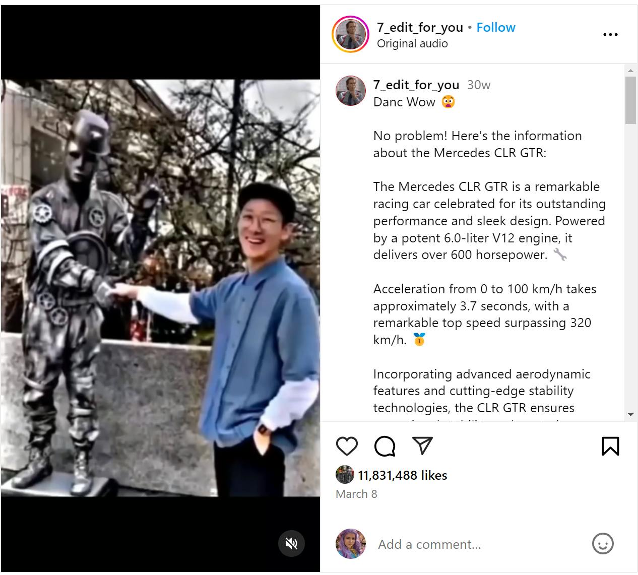 Screenshot of an Instagram Reel of a man shaking the hand of a living statue actor with its caption showing the 'No Problem! Here’s the Information About the Mercedes CLR GTR' copypasta caption.