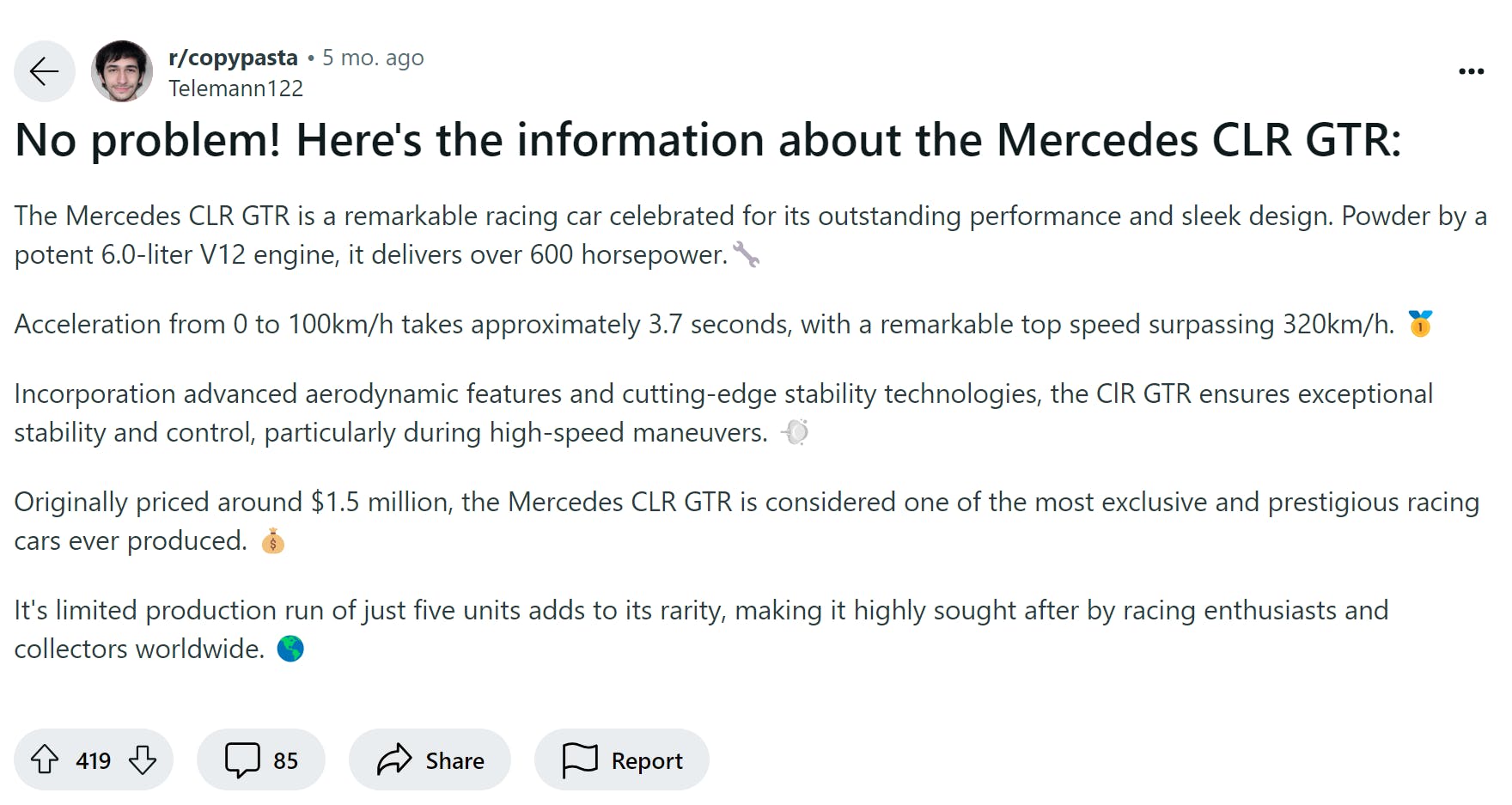 Reddit post of the 'No Problem! Here’s the Information About the Mercedes CLR GTR' copypasta.