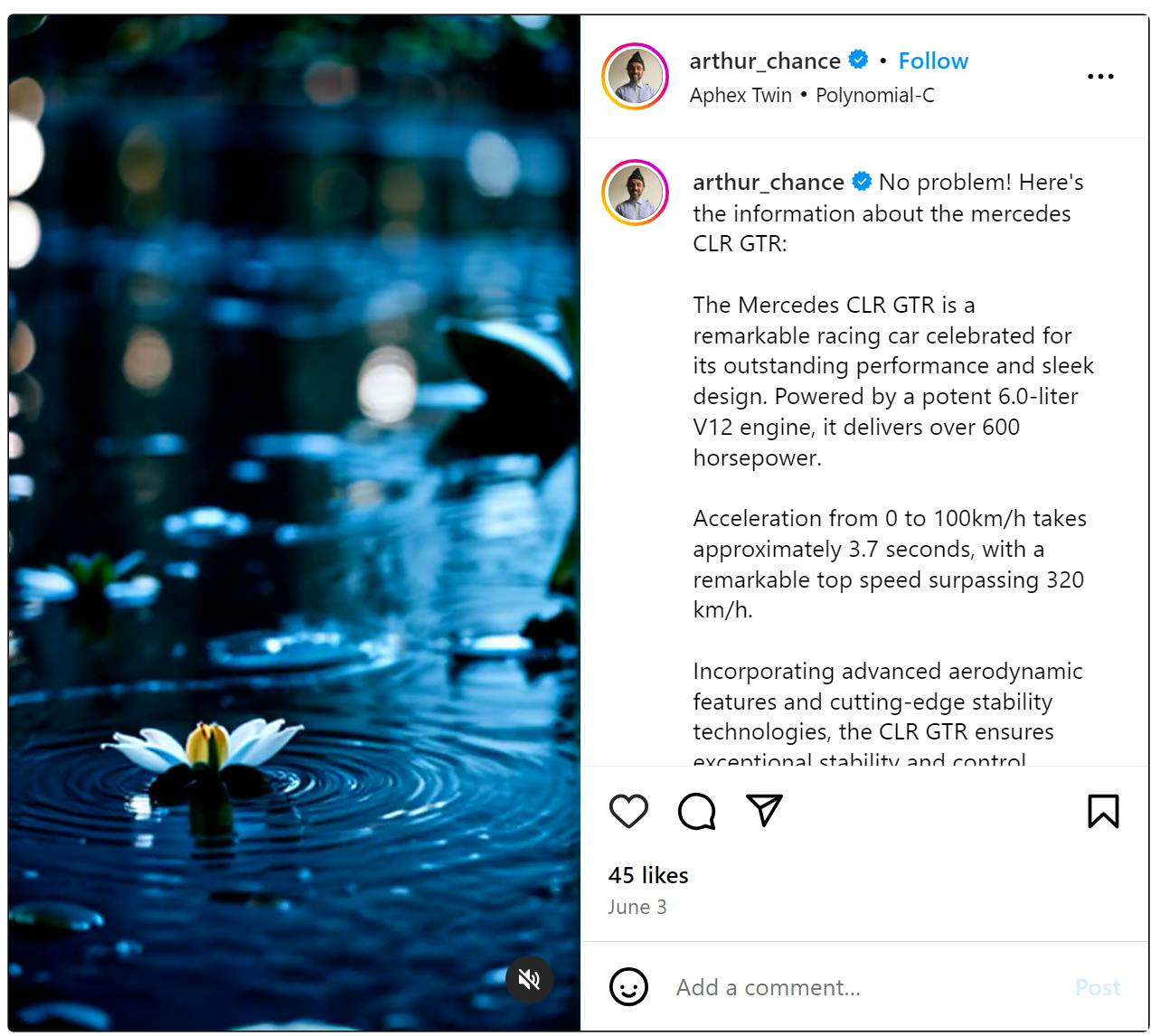 Screenshot of an Instagram Reel of a flower on water with its caption showing the 'No Problem! Here’s the Information About the Mercedes CLR GTR' copypasta caption.