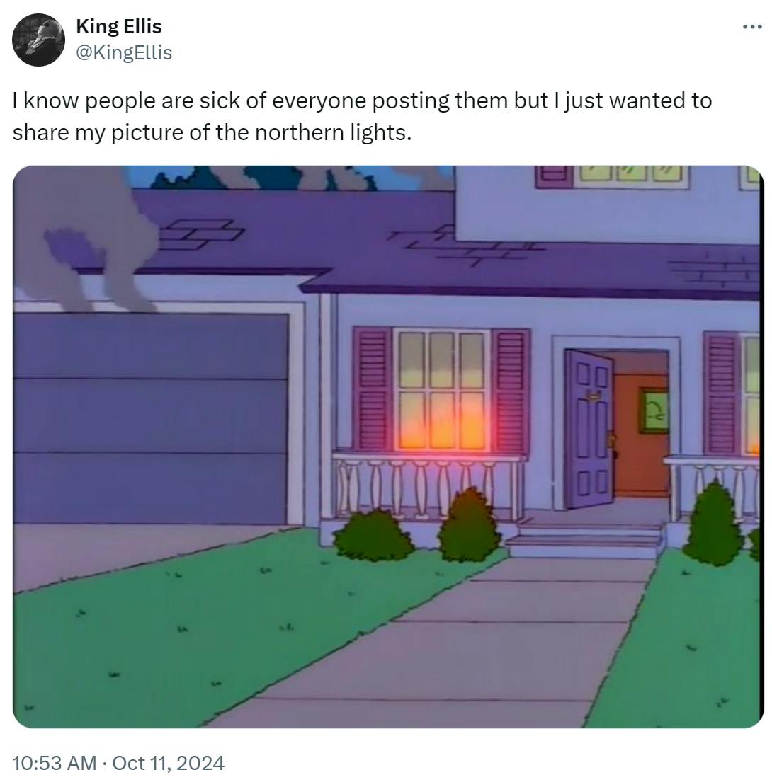 Tweet that reads, 'I know people are sick of everyone posting them but I just wanted to share my picture of the northern lights.' With a screencap from The Simpsons.