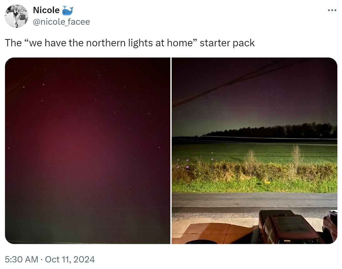 Tweet that reads, 'The 'we have the northern lights at home' starter pack.' with faded photos of the aurora borealis.