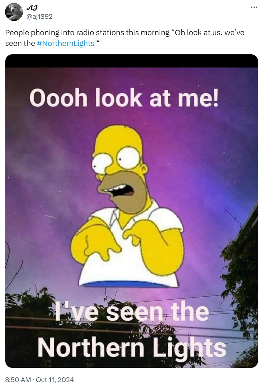 Tweet that reads, 'People phoning into radio stations this morning 'Oh look at us, we’ve seen the #NorthernLights'' with a photo of the aurora borealis and Homer Simpson overlaid.