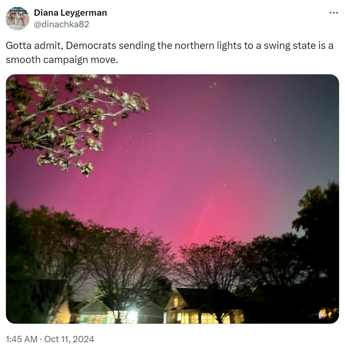 Aurora borealis meme. Text reads, 'Gotta admit, Democrats sending the northern lights to a swing state is a smooth campaign move.'