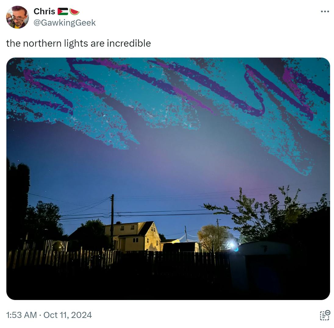 Photo of the northern lights with a 90s green and purple 90s graphic overlaid on it. Text reads, 'the northern lights are incredible.'