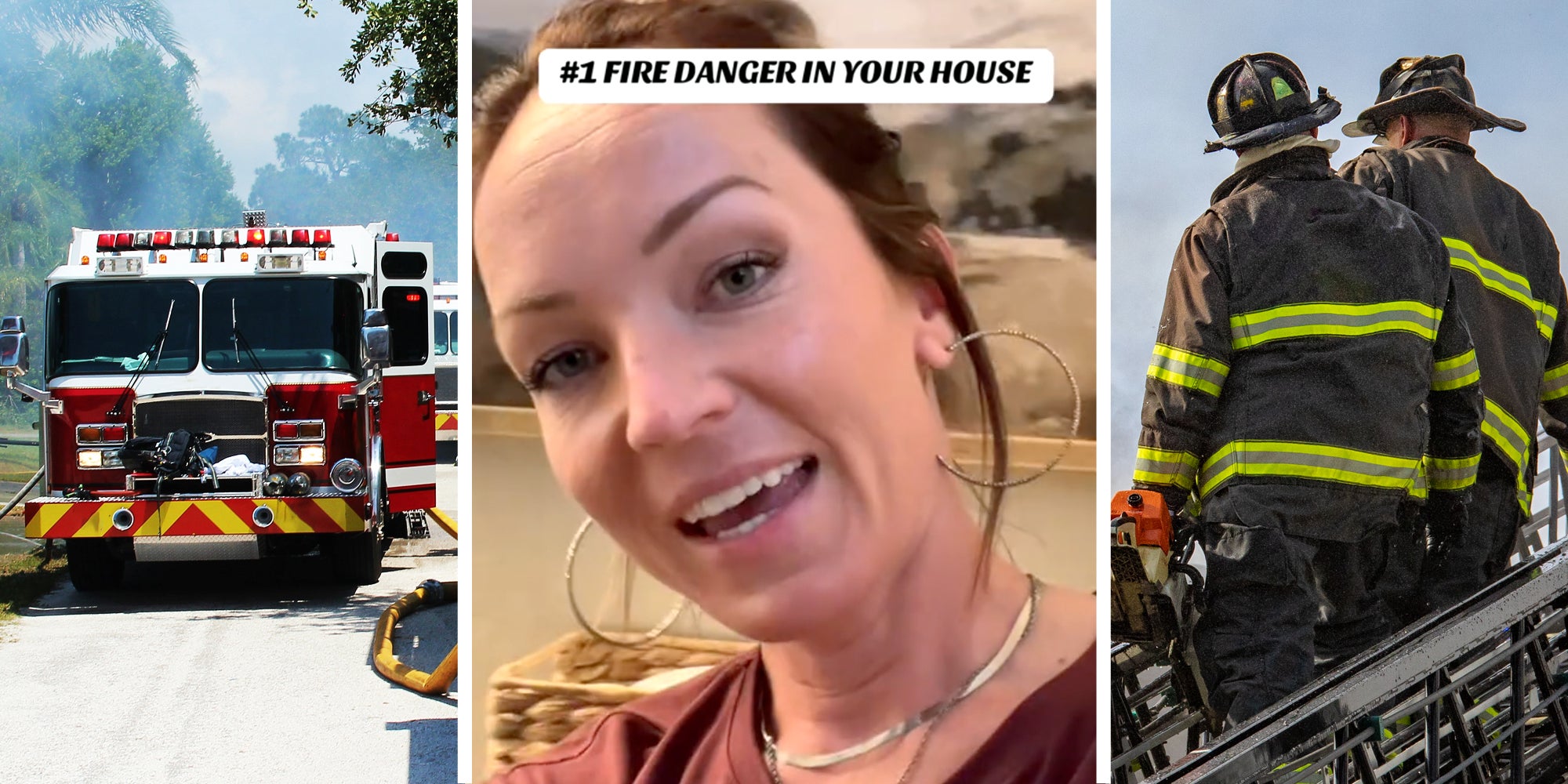Fire truck(l), Woman talking with text that says '#1 fire danger in your house'(c), Two firefighters on ladder(r)