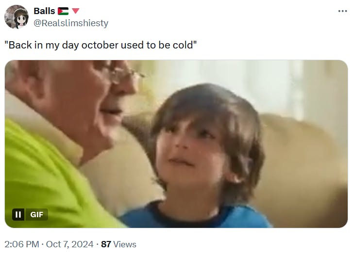 Climate change tweet with a gif of an old man talking to his young grandson.