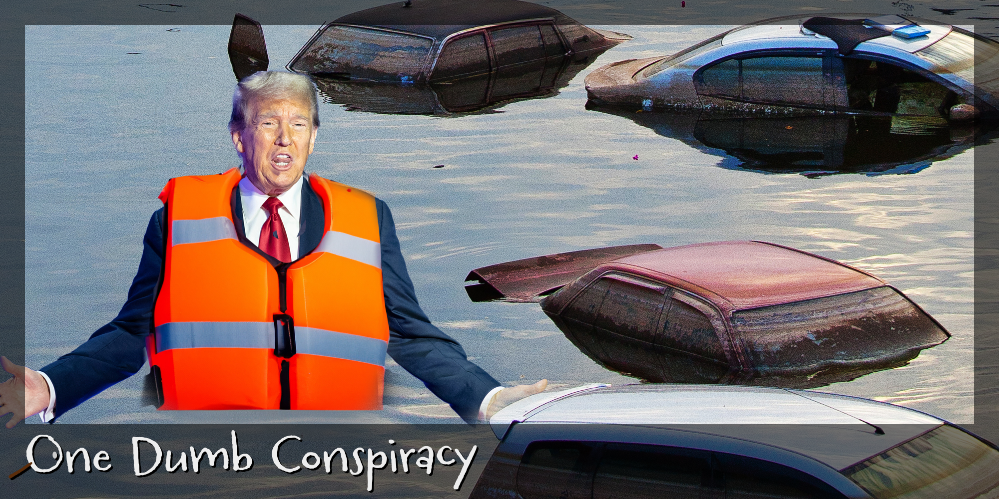 Donald Trump in Life vest amongst flood area with sunken cars. There is text that says 'One Dumb Conspiracy' in a Daily Dot newsletter font in the bottom left corner.