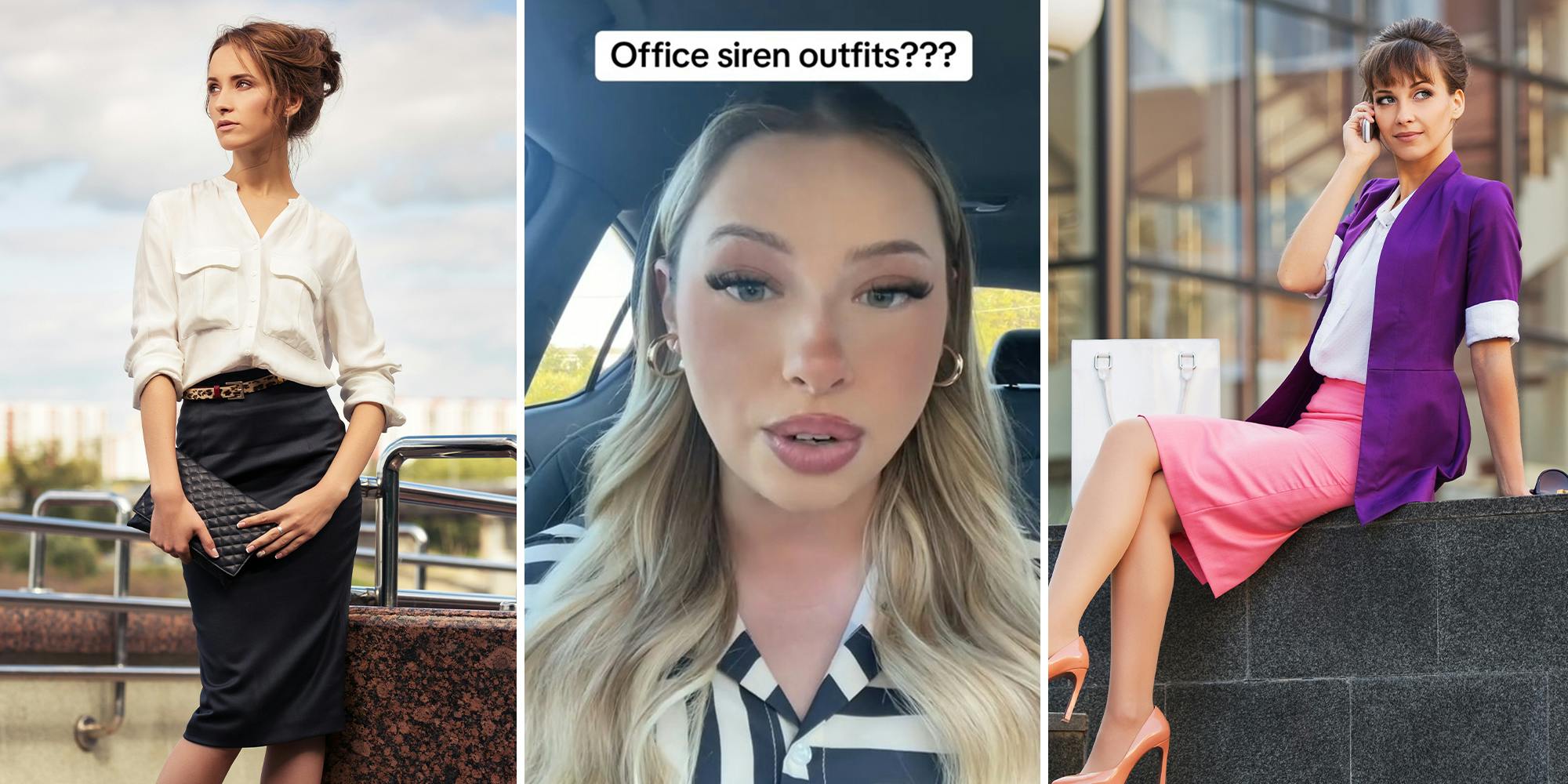 woman wearing a white blouse and black pencil skirt(l) tiktoker wearing white and black blouse sharing information about siren outfits(c) business woman calling on cell phone at office building(r)