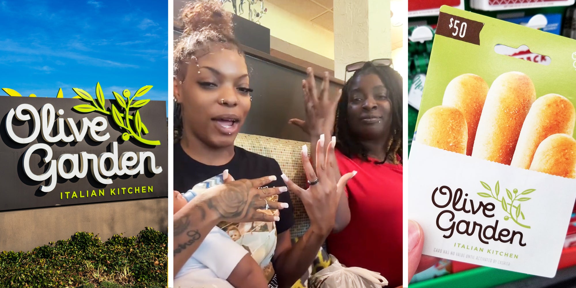 Olive Garden sign(l), Two women talking(c), Hand holding Olive Garden gift card(r)