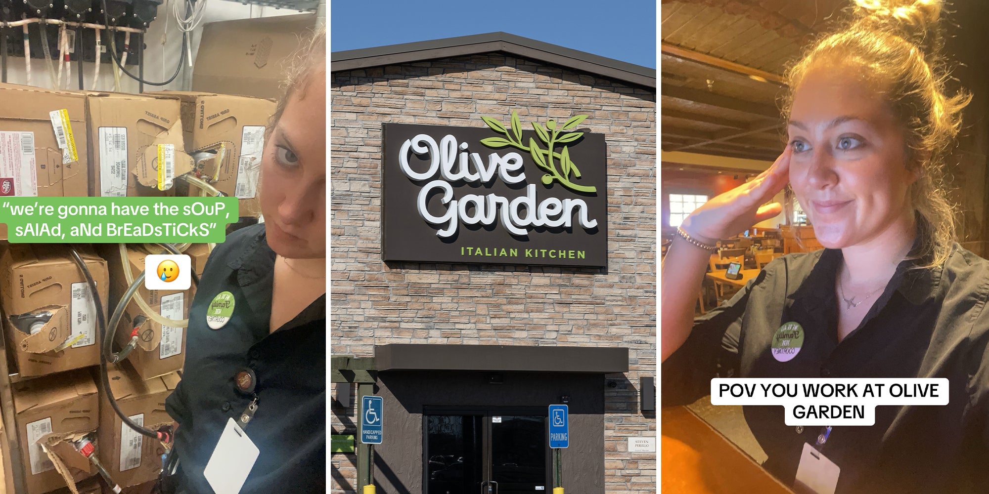 olive garden worker surrounded by boxes (l) Olive Garden restaurant(c) Olive Garden Employee