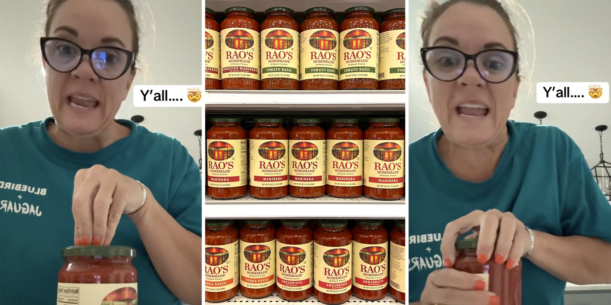 Woman talking and trying to open tomato jar(l+r), Shelves of Rao's tomato sauce(c)