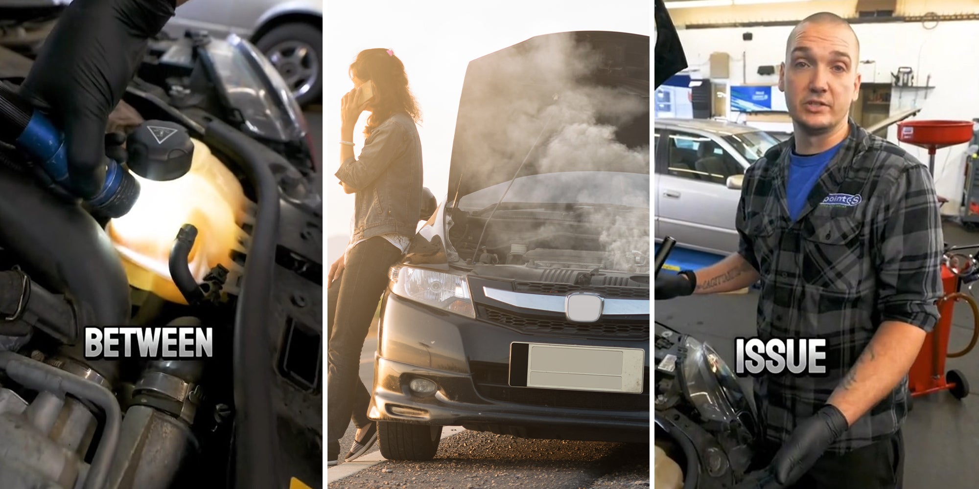 Vehicle Coolant Housing(l) Woman on her phone with car engine smoking(c) Mechanic explaining engine overheating issues