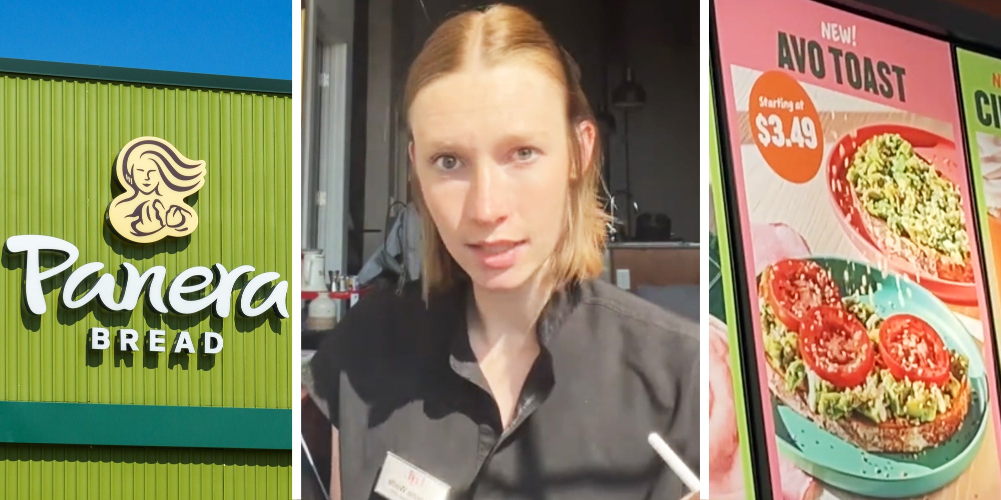 Panera storefront(l), Woman talking(c), Avocado Toast sign(r)
